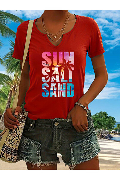 mercoledi Women's Sun Salt Printed Half V-Neck Sleeves Regular Fit Comfortabl...