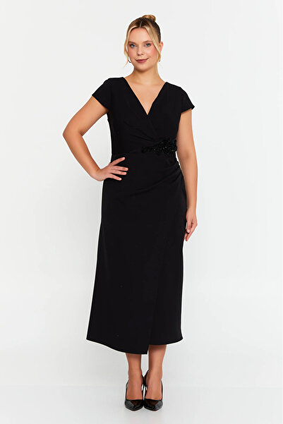 DORİDORCA Women's Plus Size Double-Breasted Waist Stone Detailed Short Sleeve...