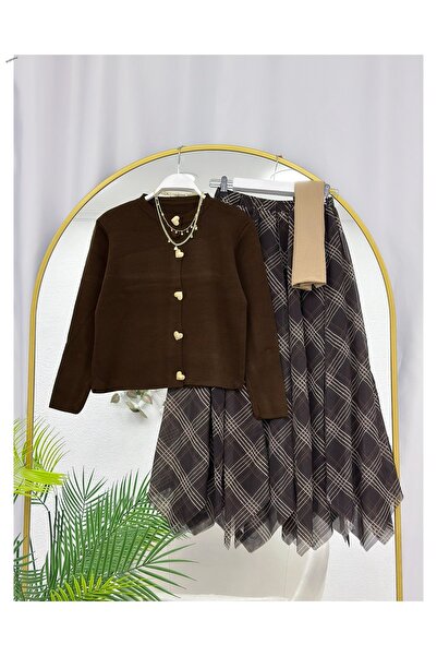 YEDİLALE Asymmetrical Checked Chiffon Lined Skirt [Excluding Shawl, Cardigan ...