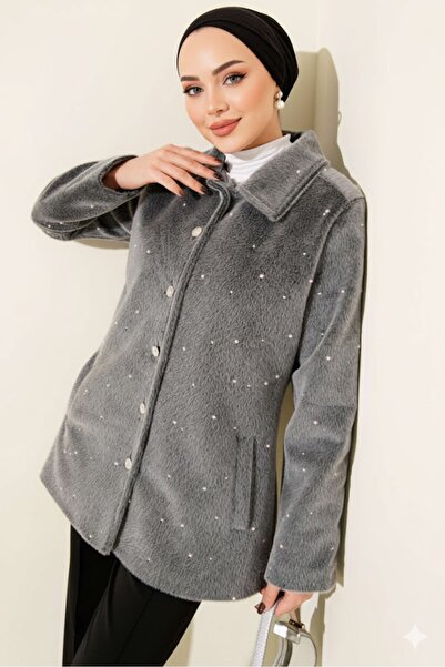 YAZGI MODA Siyah Lüks Tay Tüyü İnci İşlemeli Kaban