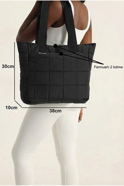 Güce Black Quilted Zippered Two-Compartment Puff Fabric Water-Resistant Large Size Women's Shoulder Bag Gc021400