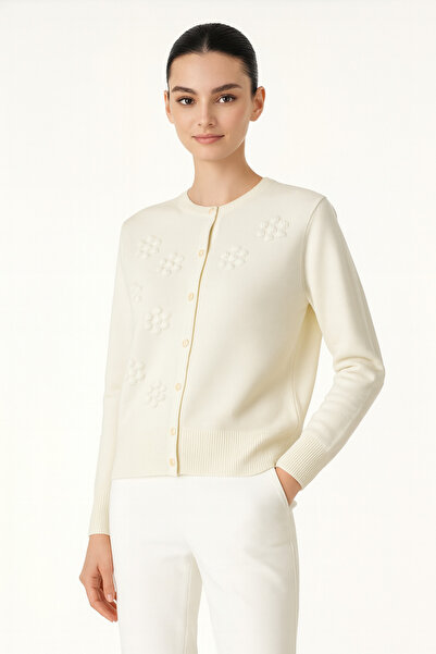 Msrlassn Ekru Çiçek İşlemeli Kadın Hırka