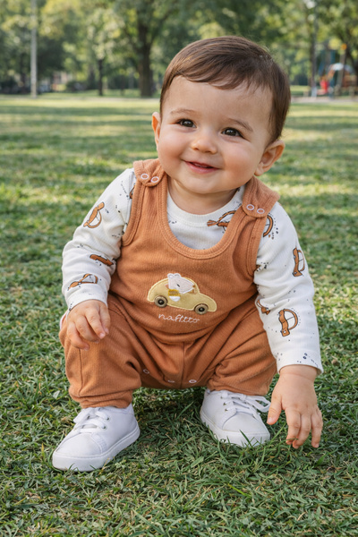 Atlas Baby House Baby Boy Embroidered Brown 2-Piece Salopet Set with Carriage