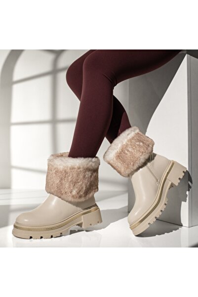 Modlet.ro Ghete bej pentru femei cu talpă groasă și fermoar MOD12778