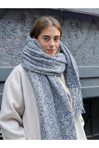 Retrobird Büyük Boy Soft Örgü Atkı Kadın Mavi Beyaz