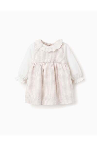 Ziddy Long sleeve cotton dress with for newborn girls, white/beige