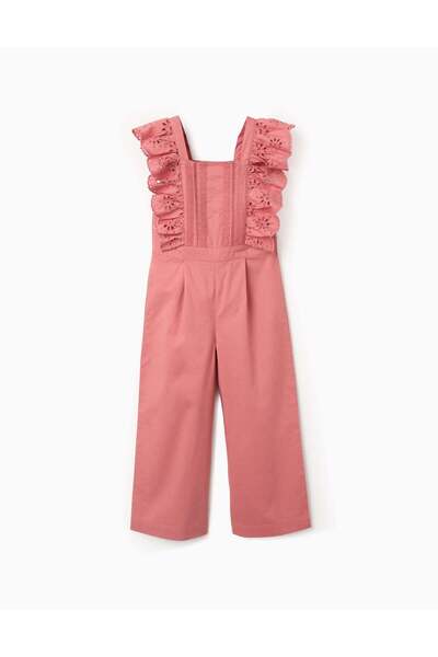 Ziddy Poplin jumpsuit with ruffles and broderie anglaise for girls, pink