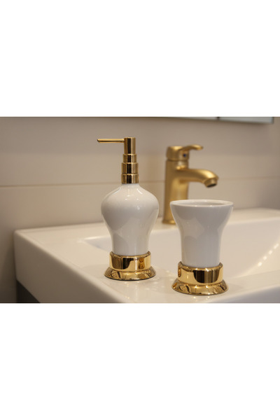 Karan Porselen Lüks Ottoman PVD Gold Sıvı Sabunluk / Diş fırçalık 2'li Set