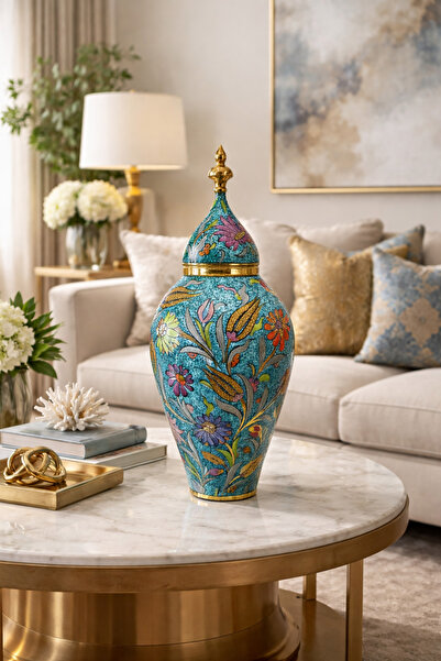 BulutRetail El İşçiliği 12 Ayar Altın İşlemeli Kütahya Çini Vazo – Turkuaz De...