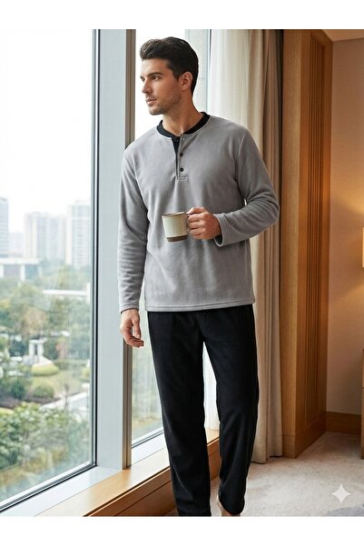 Sude Pijamale bărbați polar gri și negru cu decolteu cu nasturi