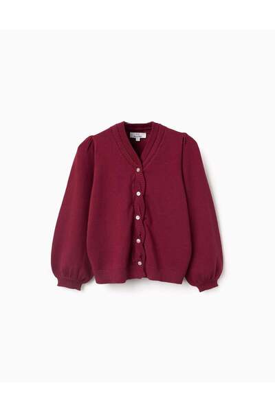 Ziddy كارديجان محبوك بتفاصيل مضفرة للبنات، أحمر داكن