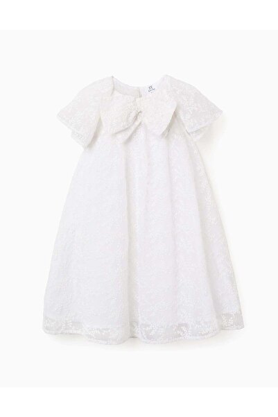 Ziddy Dress with bow and ruffled cape-style sleeves for girls, white