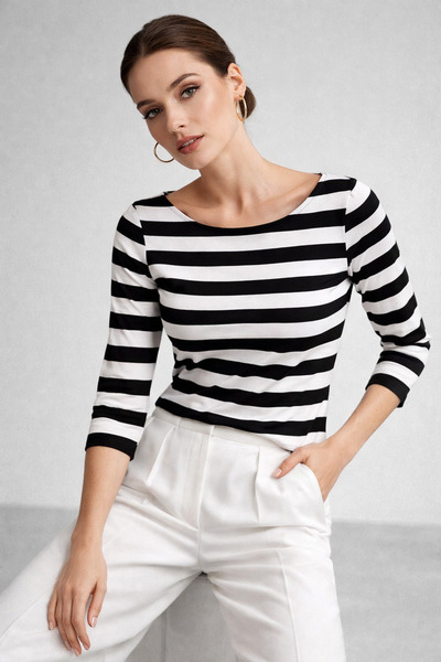 WILD BEE Women's White Striped Boat Neck Above Ankle Long Sleeve Blouse