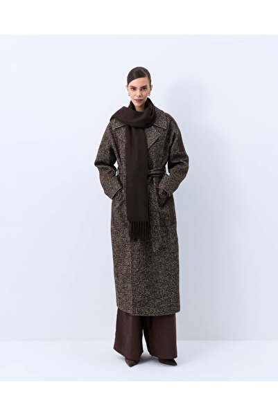 IDA Collection Gray Leather Coat with Shoulder and Pocket Details in Brown