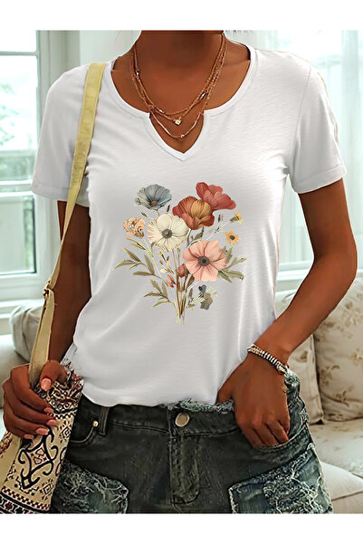 mercoledi Γυναικείο μπλουζάκι με λουλούδια με τύπωμα με μισά μανίκια σε σχήμα...