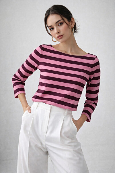 WILD BEE Kadın Pembe Çizgili Kayık Yaka Bilek Üstü Uzun Kollu Bluz