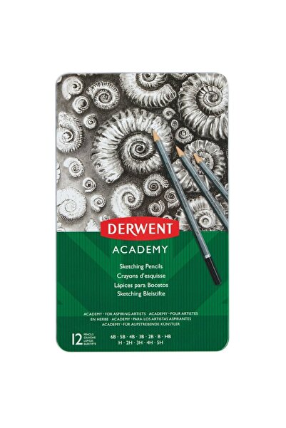 Derwent Creioane Grafit 6B-5H Academy, cutie metalica, 12 buc/set, negru