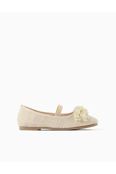 Ziddy حذاء باليه من الكتان مزين بالزهور للبنات، بيج