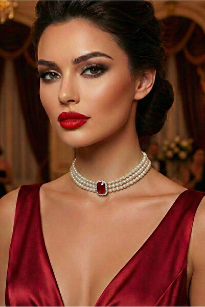 Happyline Cam İncili Gold Kaplama Tasma Kırmızı Taşlı Choker Baget Kolye Özel...