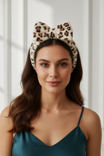 shop Leopard Print Large Bow Plush Headband - Soft Textured Makeup and Skinca...