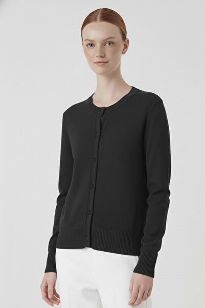 Triko Mısırlı Koyu Gri Bisiklet Yaka Düğmeli Kadın Hırka