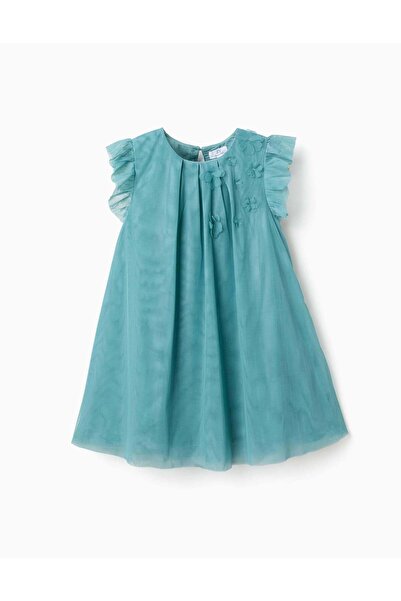 Ziddy فستان تول بدون أكمام مزين بالكشكشة والزهور للفتيات، أزرق