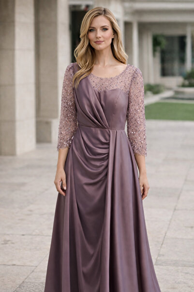 Lacrima Satin Evening Dress with Tulle Detail on the Sleeves