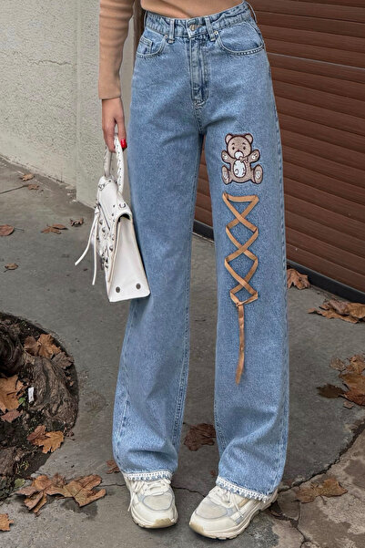 KOTOLOG Women's Teddy Bear Embroidered Lace-Up Wide Leg High Waist Jean Trousers
