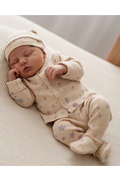 Ege Bebek طقم زيبين للمواليد الجدد مكون من 3 قطع مطبوعة للجنسين مع قفازات وقب...