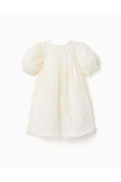 Ziddy فستان أبيض بأكمام منتفخة وزهور ثلاثية الأبعاد للفتيات الصغيرات