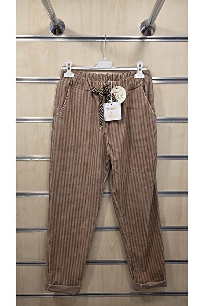 Park Moda Women's Velvet Trousers with Striped Elastic Waist