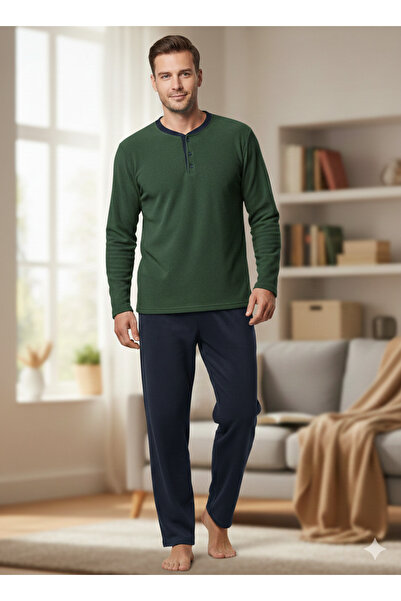 Sude Pijamale bărbați polar verde închis și bleumarin cu decolteu cu nasturi