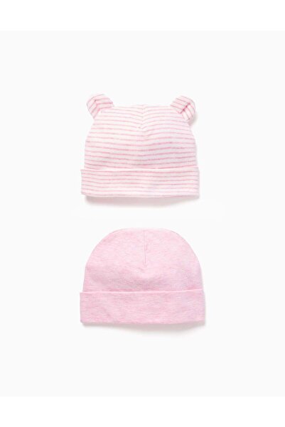 Ziddy Set of 2 cotton plain/striped beanies for newborn girls, pink/white