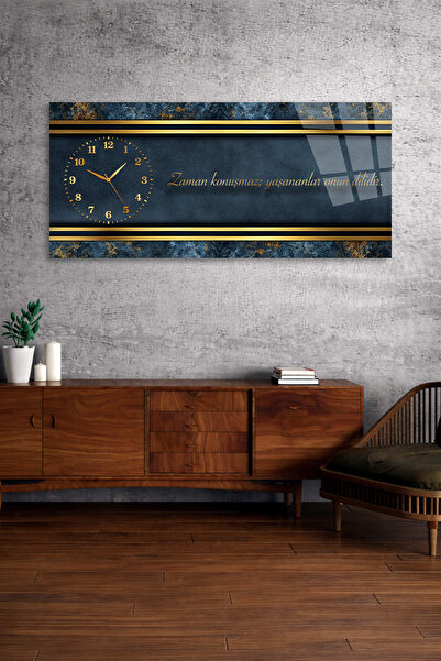 Olinpa KIRILMAZ CAM DUVAR SAATİ, HEM TABLO HEM SAAT LACİVERT ALTIN ŞERİT MODE...