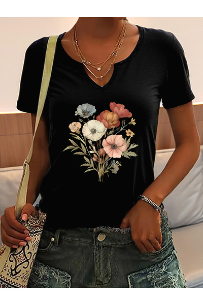 mercoledi Women's Floral Bouquet Printed Half V-Neck Sleeves Regular Fit Casu...