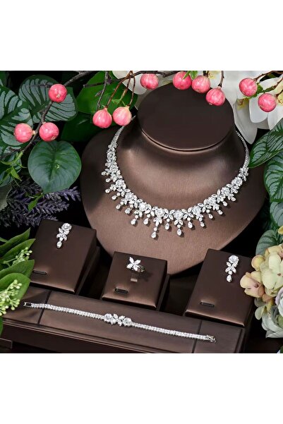 VİYA Matias Zirkon Taşlı Takı Seti Kolye Küpe Bileklik Yüzük Set Düğün Nişan ...