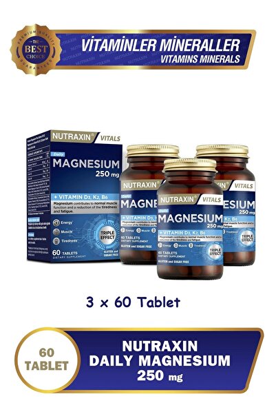 Nutraxin Magnezyum Daily 250 Mg 60 Tablet - Magnesium, D3, K2, B6 - 3 Adet