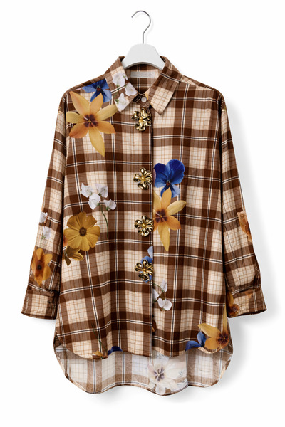 günay boutıque Floral Patterned Plaid Women's Shirt – Brown Relaxed Fit, Long...