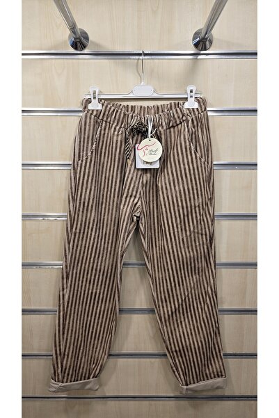 Park Moda Women's Velvet Trousers with Striped Elastic Waist