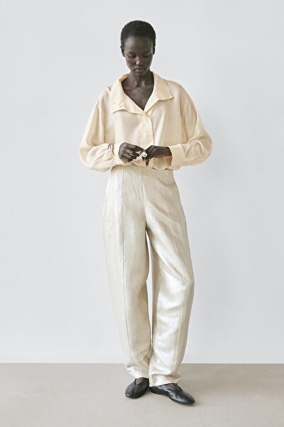 Massimo Dutti Dökümlü metalik keten pantolon