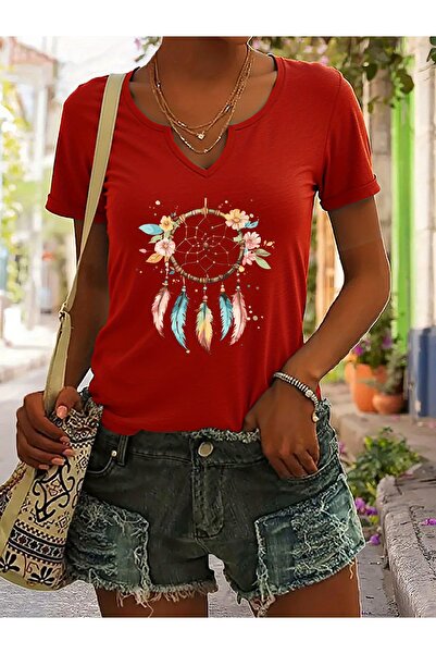 mercoledi Women's Dream Catcher Printed Half V-Neck Sleeves Regular Fit Casua...
