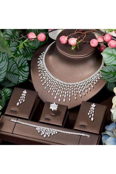 VİYA Daria Zirkon Taşlı Takı Seti Kolye Küpe Bileklik Yüzük Set Düğün Nişan Seti