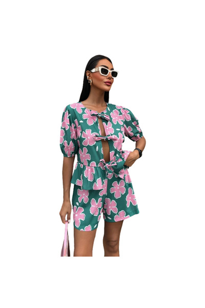 Sobe Costum din poplin cu model floral și noduri în față
