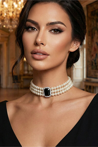 Happyline Cam İncili Gümüş Kaplama Tasma Taşlı Siyah Choker Baget Kolye Özel ...