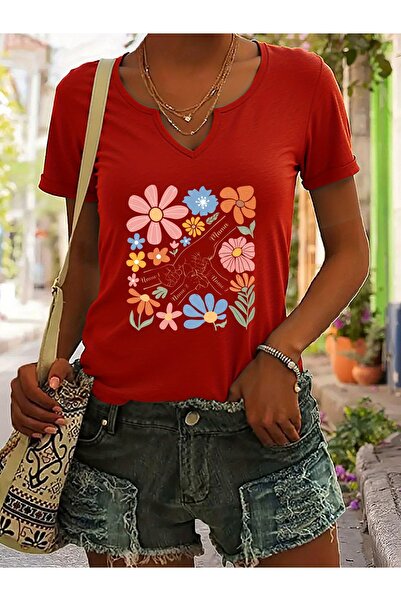 mercoledi Women's Printed Half V-Neck Sleeves Regular Fit Casual T-Shirt