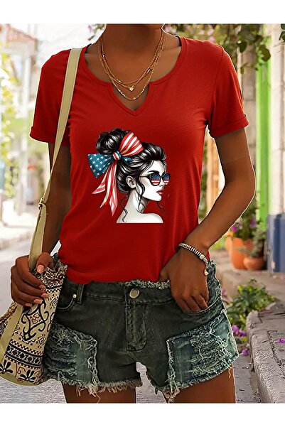 mercoledi Women's American Girl Printed Half V-Neck Sleeves Regular Fit Casua...