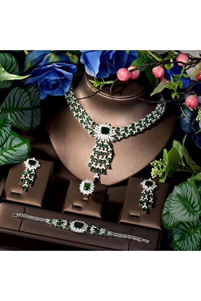 VİYA Gardenia Zirkon Taşlı Takı Seti Kolye Küpe Bileklik Yüzük Set Düğün Nişa...