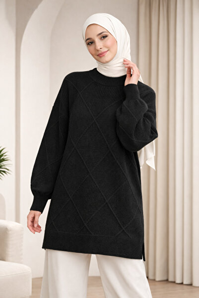 Kirazgym Women's Plain Diamond Patterned and Slit Knitwear Sweater - Black