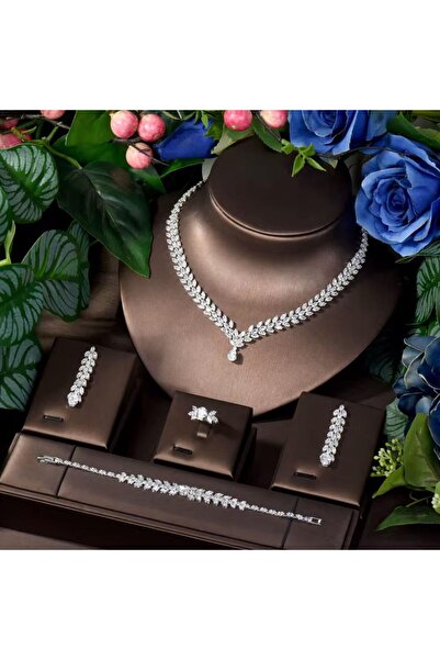 VİYA Fucsia Zirkon Taşlı Takı Seti Kolye Küpe Bileklik Yüzük Set Düğün Nişan ...