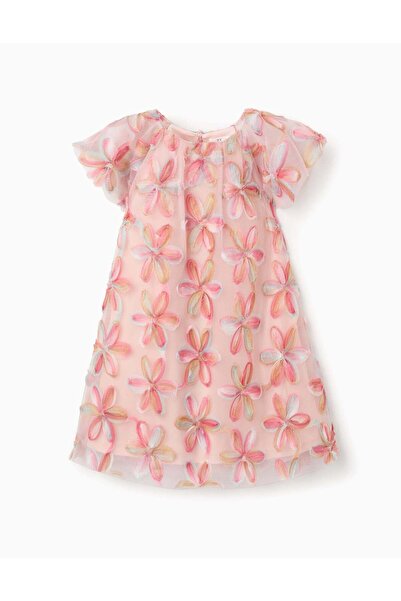 Ziddy فستان تول قصير الأكمام مزين بزهور ثلاثية الأبعاد للبنات، لون وردي فاتح